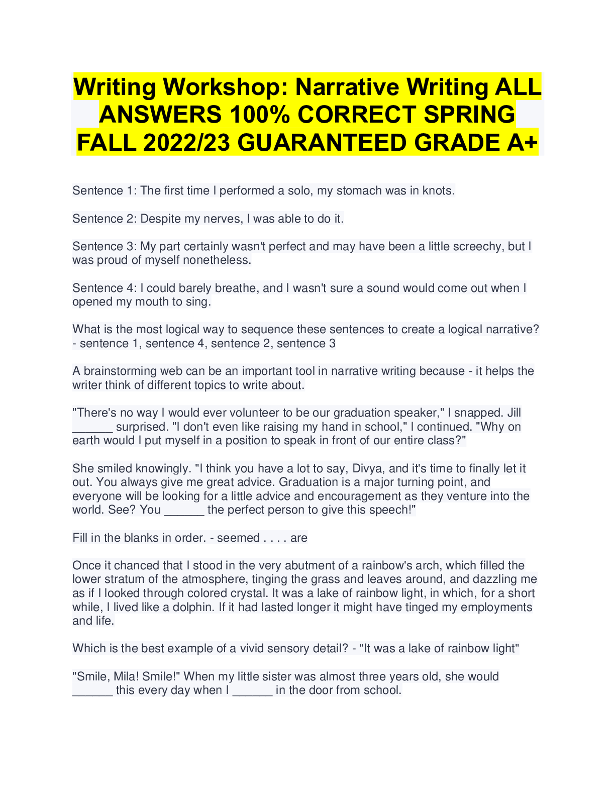Writing Narrative Writing ALL ANSWERS 100 CORRECT SPRING